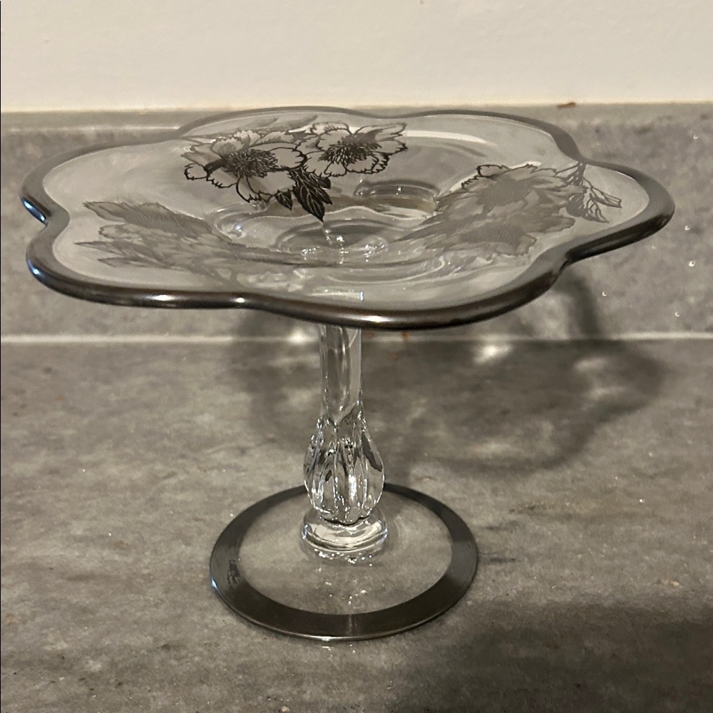 Glass Floral Pedestal Sterling silver ovarlay candy  dish  1950 Duncan & Miller